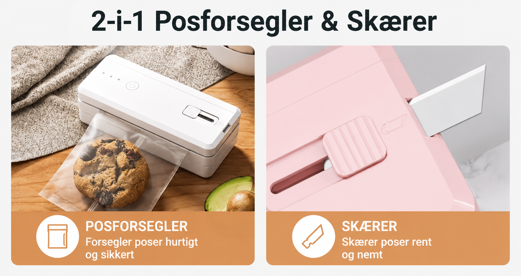 Bærbar 2-i-1 mini poseforsegler med integreret skærer