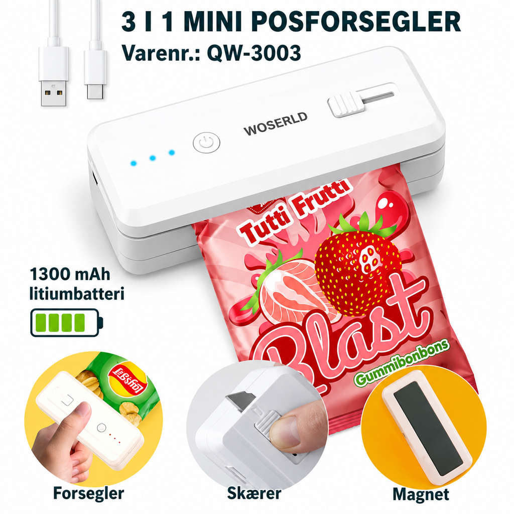 Bærbar 2-i-1 mini poseforsegler med integreret skærer