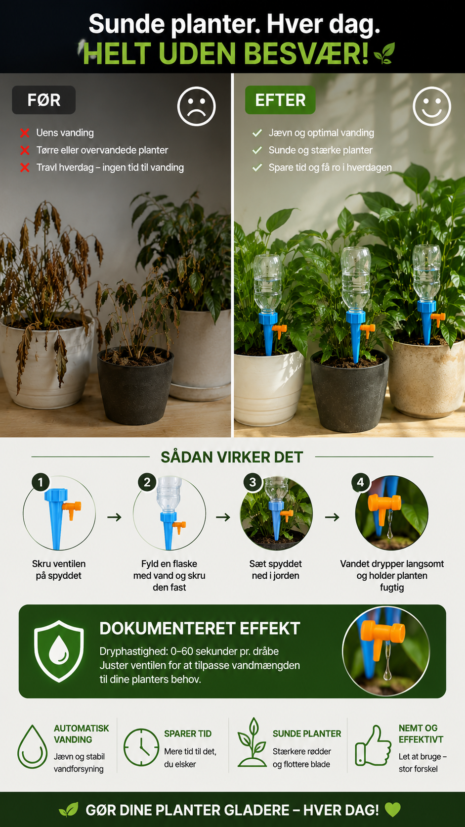 Automatisk dryp-vandingssystem til blomster og planter