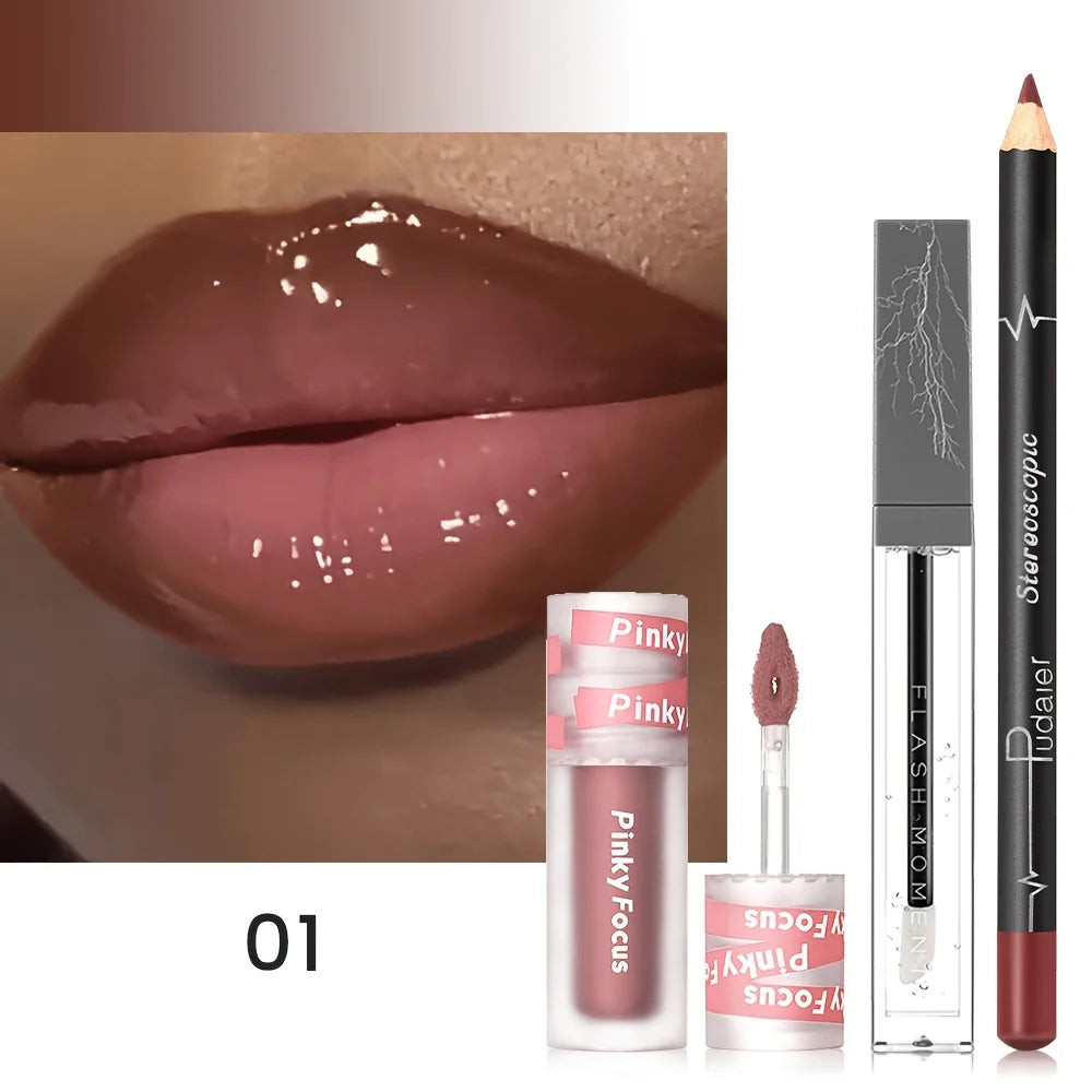 3-delt læbeglans sæt med shimmer lip gloss, lip oil og lip liner til fuld læbepleje