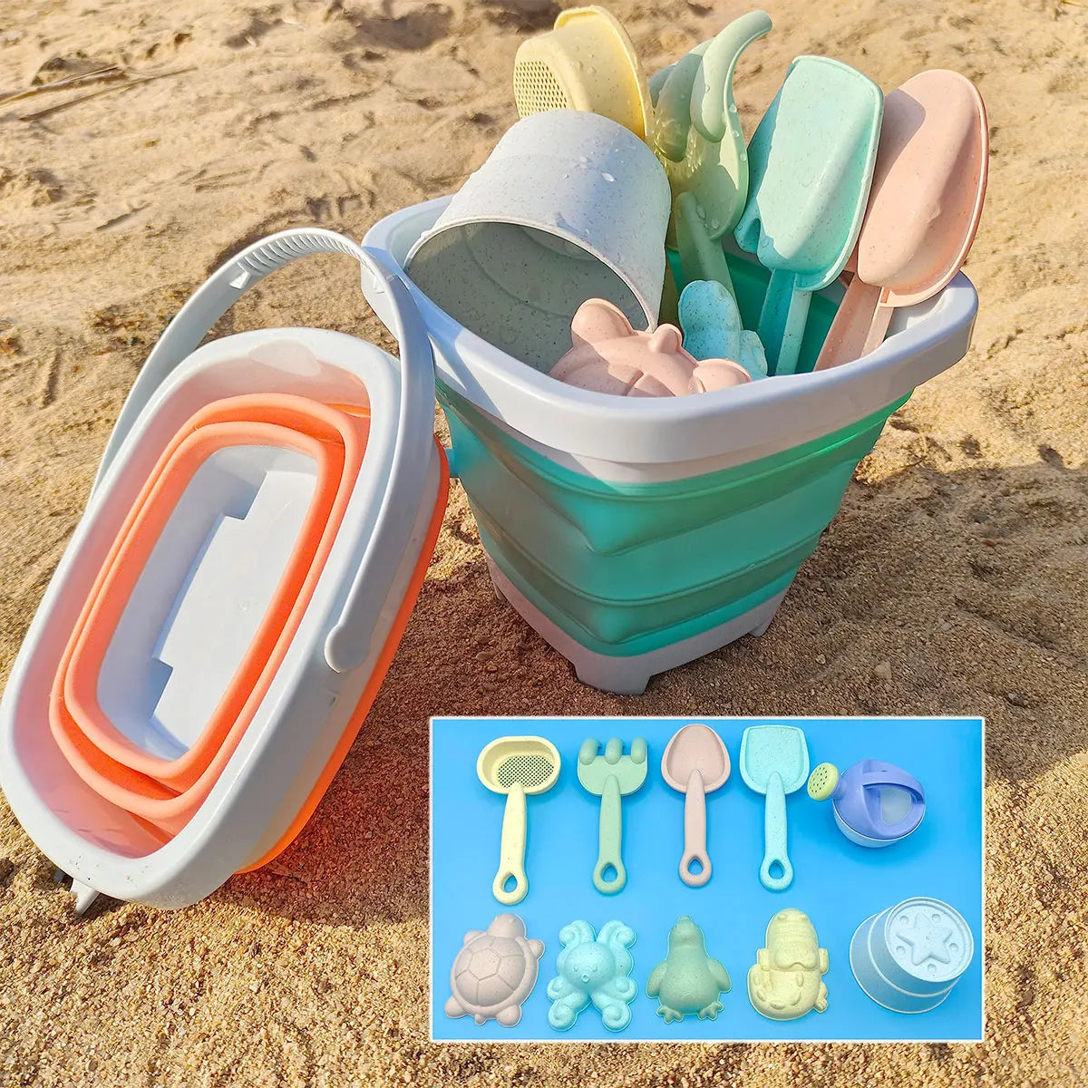 Komplet sandsæt til børn med foldbar spand til stranden