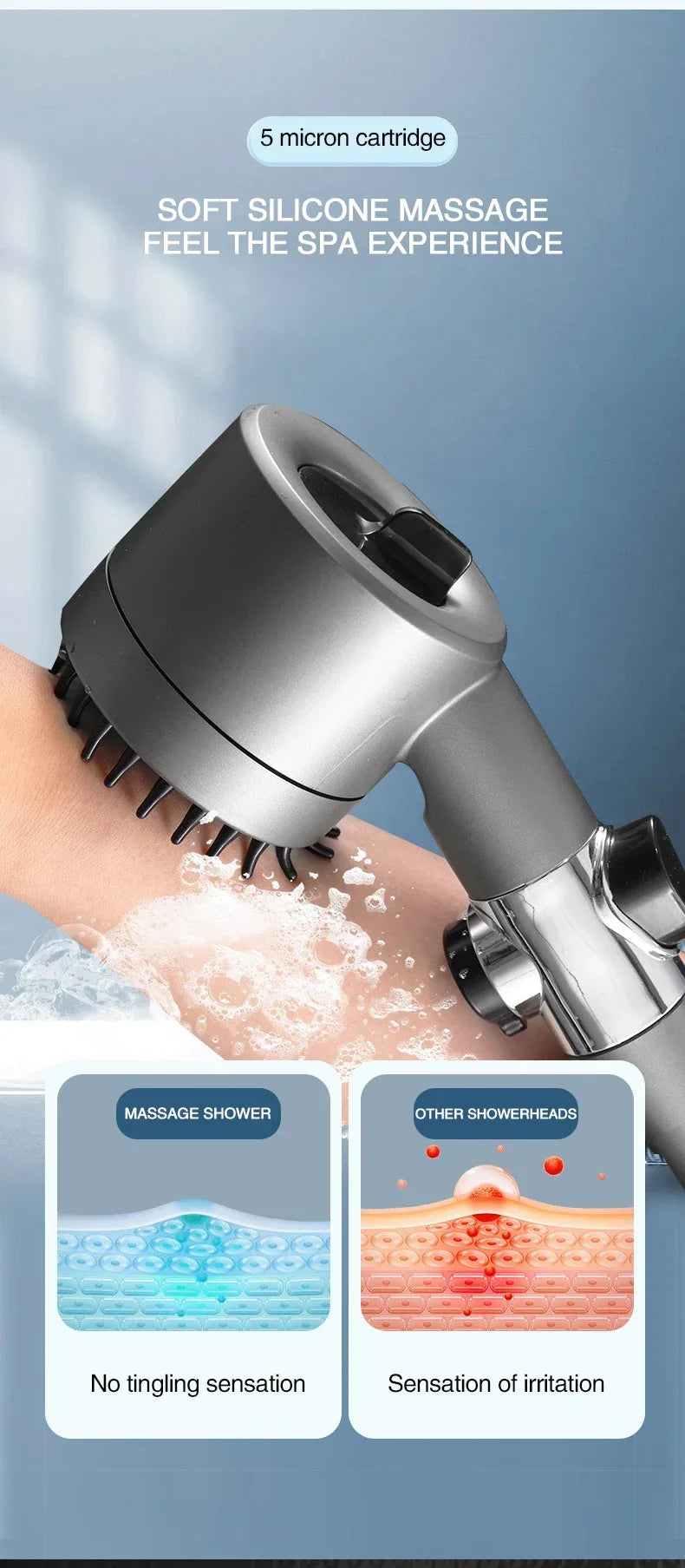 Trykfilter brusehoved med 3 indstillinger og massageborste