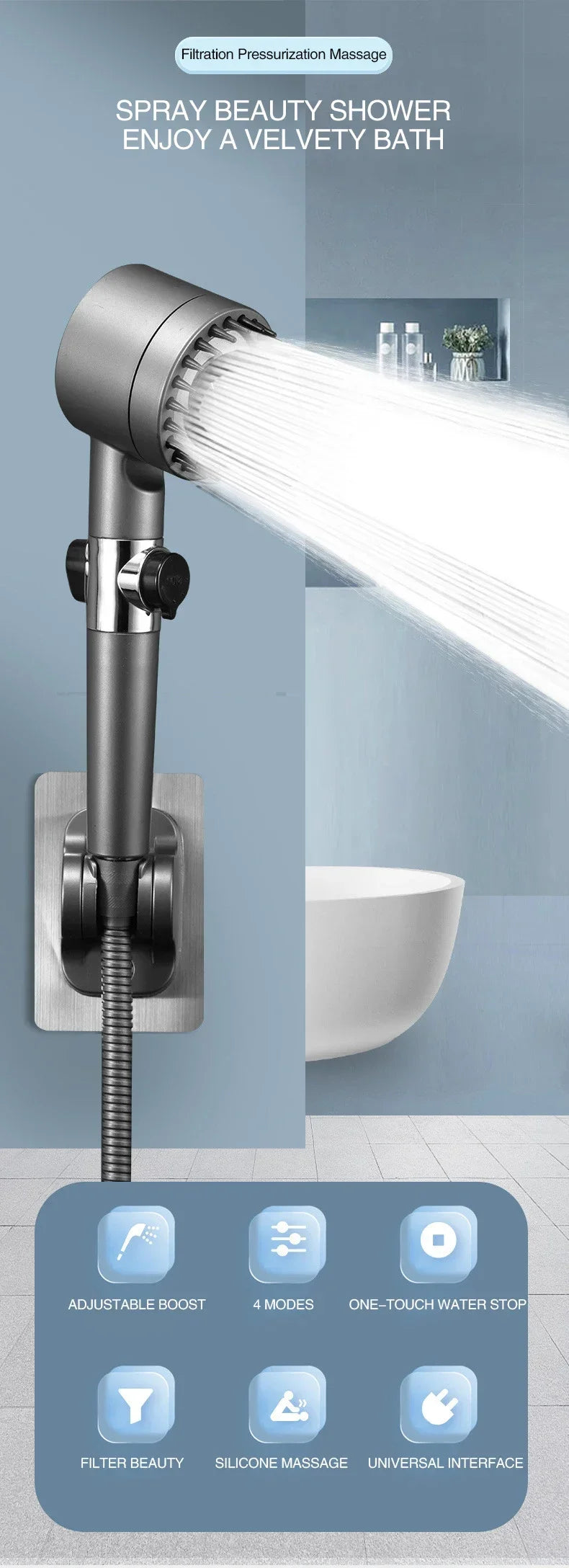 Trykfilter brusehoved med 3 indstillinger og massageborste