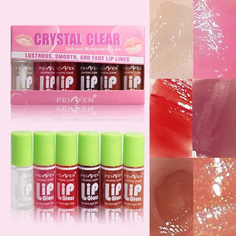 6-delt spejl læbeglans sæt med fugtighedgivende og letvægtig lip balm