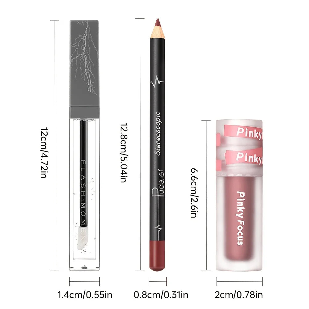 3-delt læbeglans sæt med shimmer lip gloss, lip oil og lip liner til fuld læbepleje