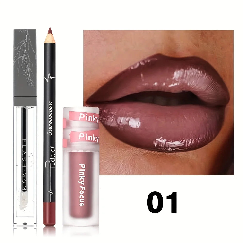 3-delt læbeglans sæt med shimmer lip gloss, lip oil og lip liner til fuld læbepleje
