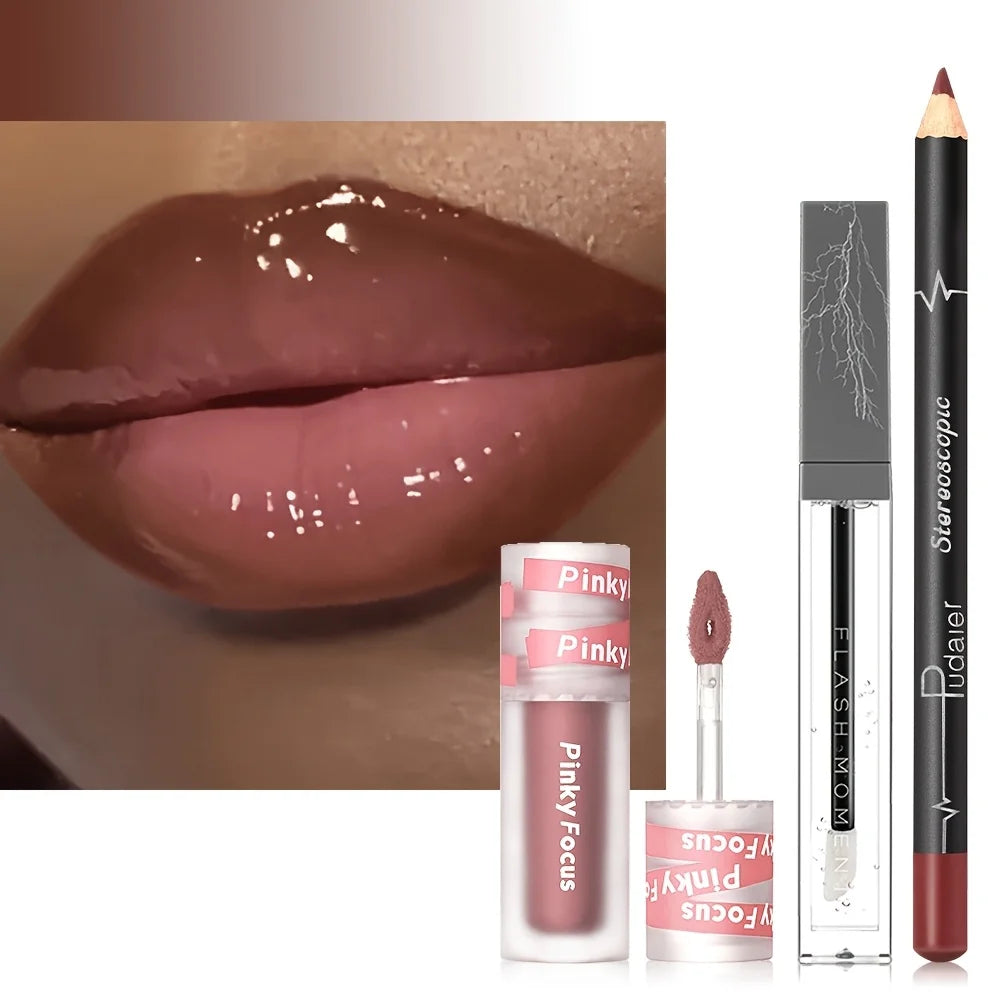 3-delt læbeglans sæt med shimmer lip gloss, lip oil og lip liner til fuld læbepleje