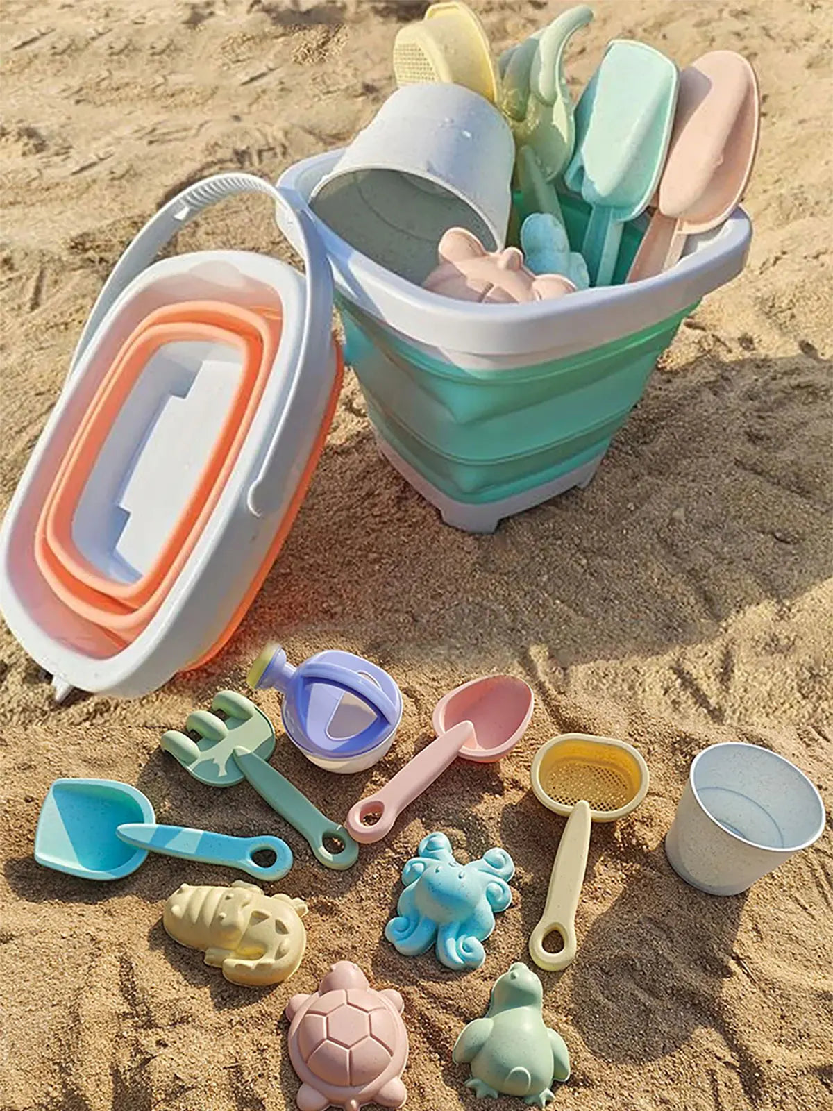 Komplet sandsæt til børn med foldbar spand til stranden