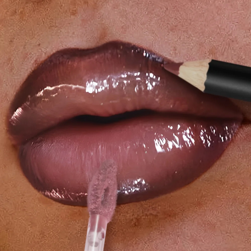 3-delt læbeglans sæt med shimmer lip gloss, lip oil og lip liner til fuld læbepleje